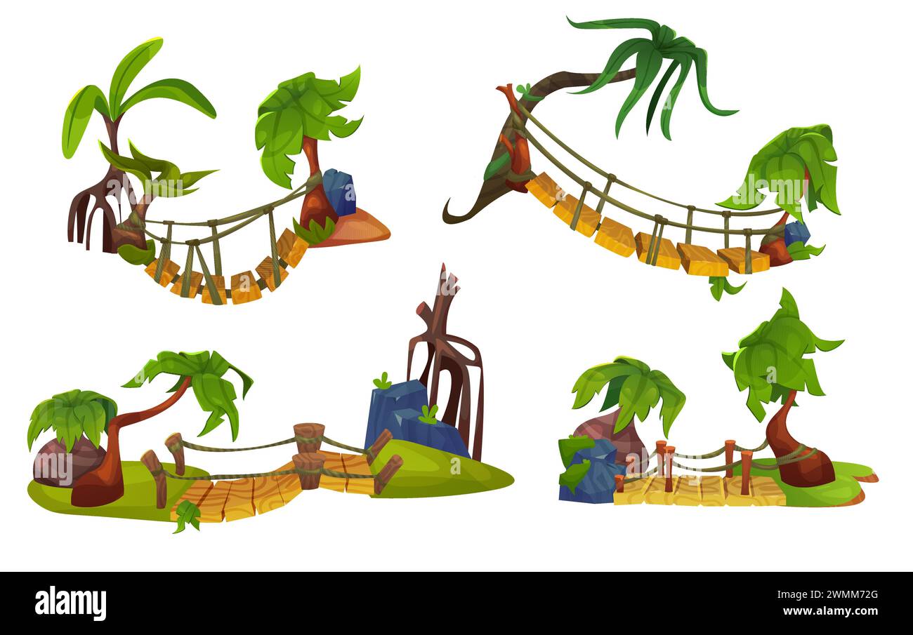 Rope bridges set isolated on white background. Vector cartoon ...
