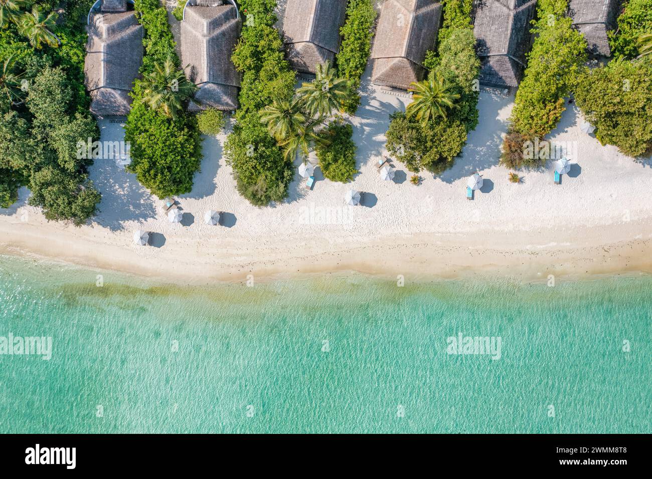 Amazing atoll island in Maldives luxury villas from aerial view. Tranquil tropical landscape seascape. Palm trees white sandy beach, peaceful nature Stock Photo
