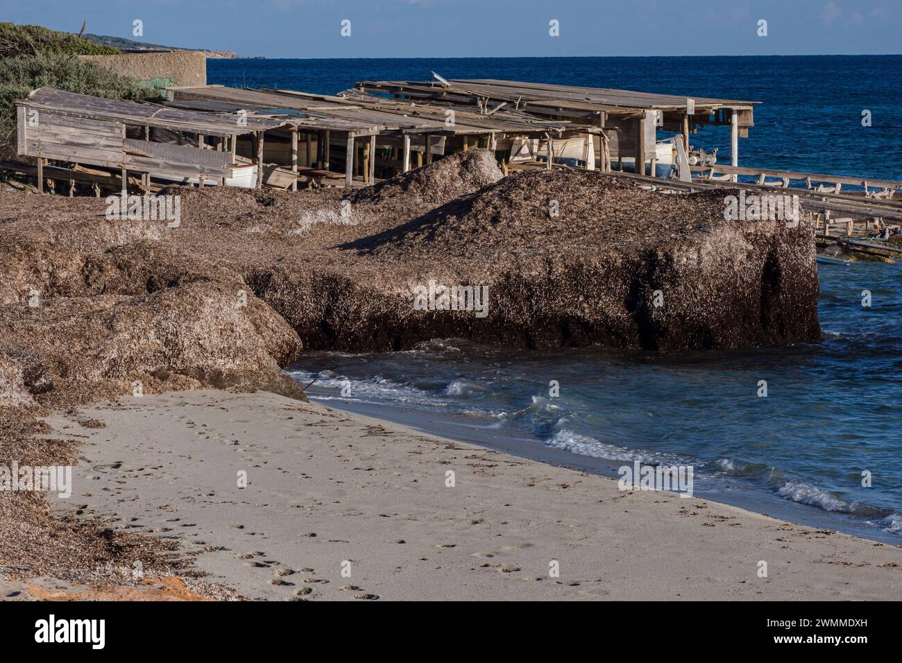 Ca Marí boathouse huts, Migjorn, Formentera, Pitiusas Islands, Balearic Community, Spain Stock Photo