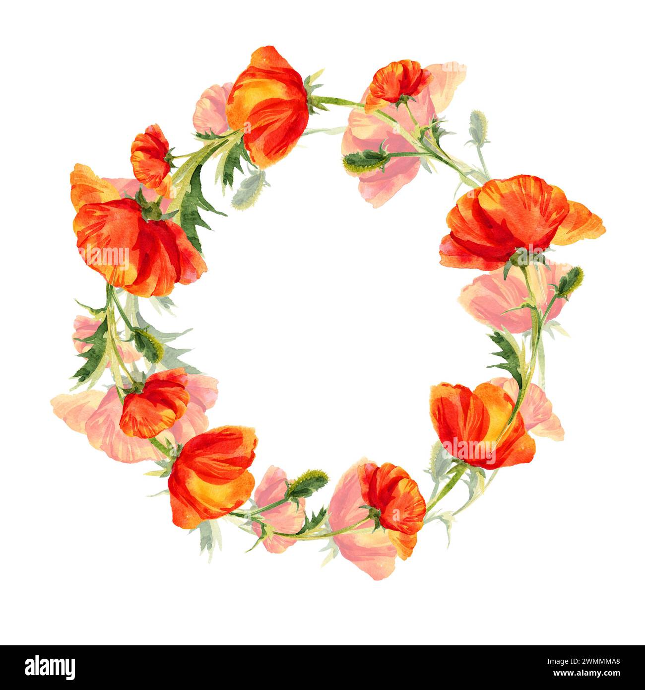 watercolor wreath of poppies, hand drawn circle frame with red field ...