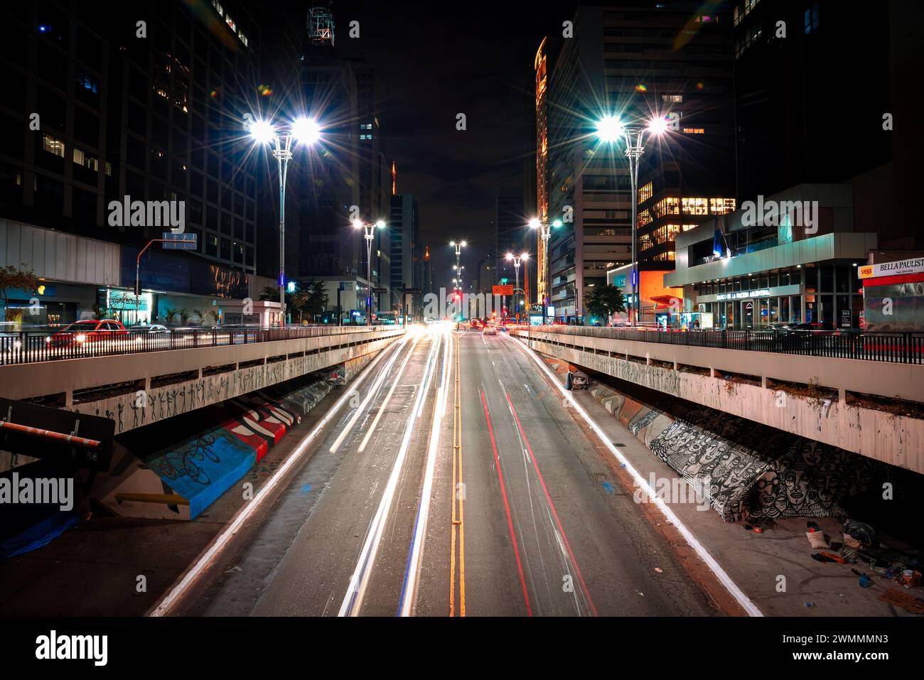 Light Trails by the Tunnels of Paulista Avenue (Avenida Paulista) at Night - São Paulo, Brazil Stock Photo