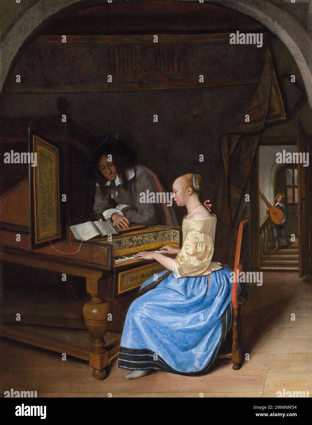 Jan Steen, A Young Woman playing a Harpsichord to a Young Man, painting in oil on wood, circa 1659 Stock Photo