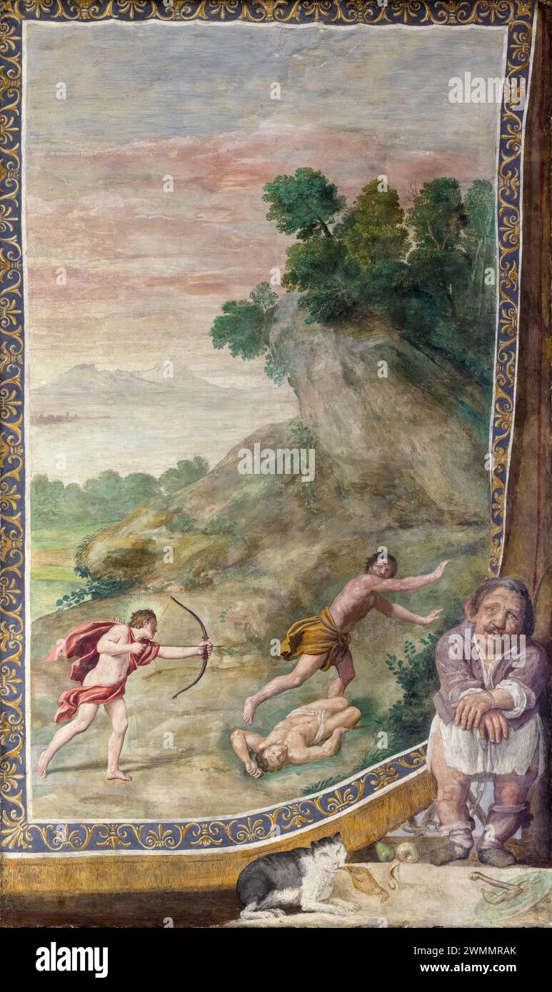 Domenico Zampieri called Domenichino and workshop, Apollo killing the Cyclops, fresco painting transferred to canvas and mounted on board, 1616-1618 Stock Photo