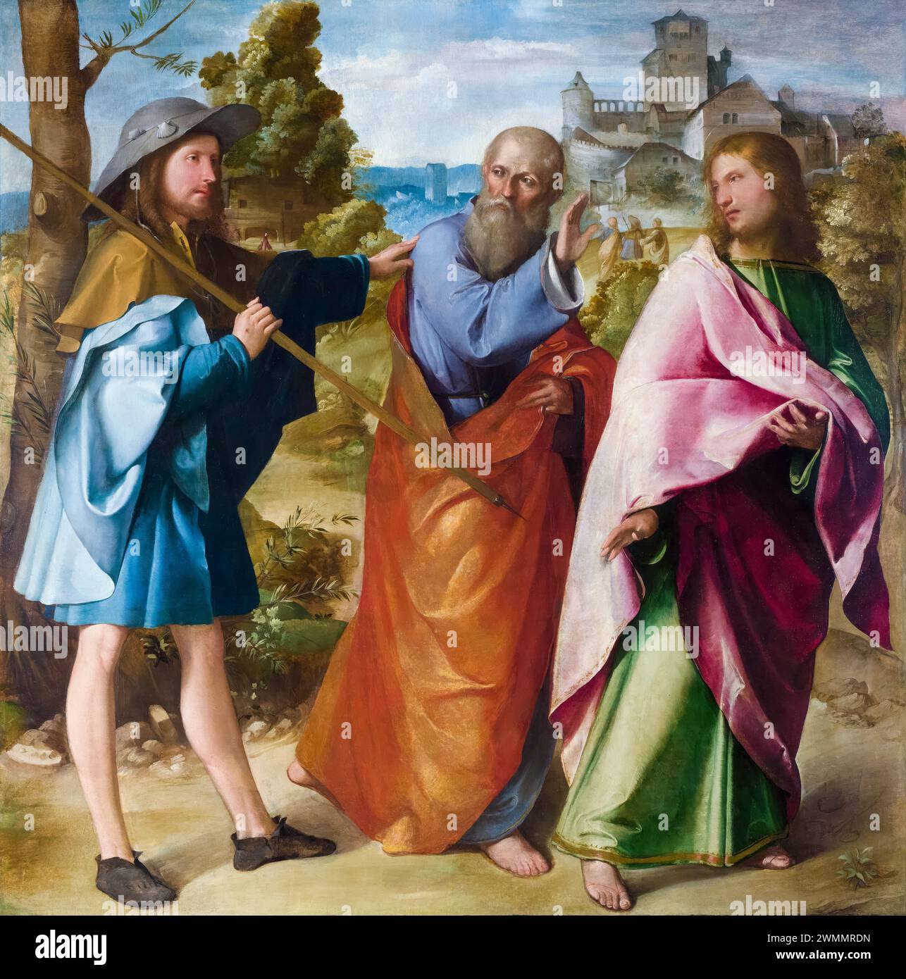 Altobello Melone, The Road to Emmaus, painting in oil on wood, 1516-1517 Stock Photo