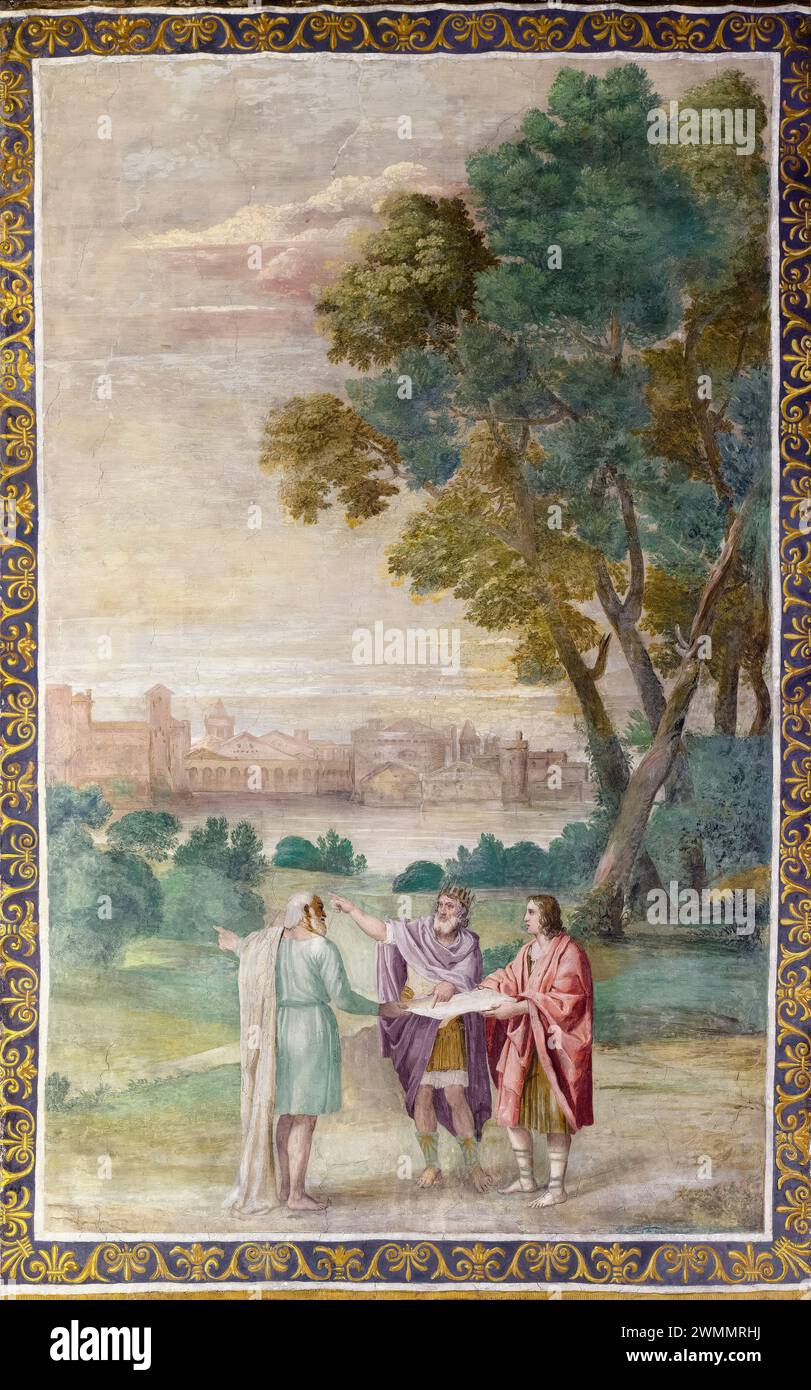 Apollo and Neptune advising Laomedon on the Building of Troy, fresco painting transferred to canvas and mounted on board by Domenico Zampieri called Domenichino and workshop, 1616-1618 Stock Photo