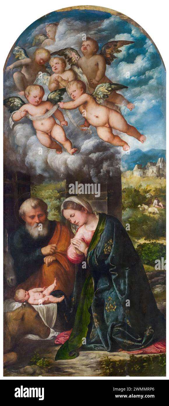 Girolamo Romani called Romanino, The Nativity, painting in oil on wood, circa 1524 Stock Photo