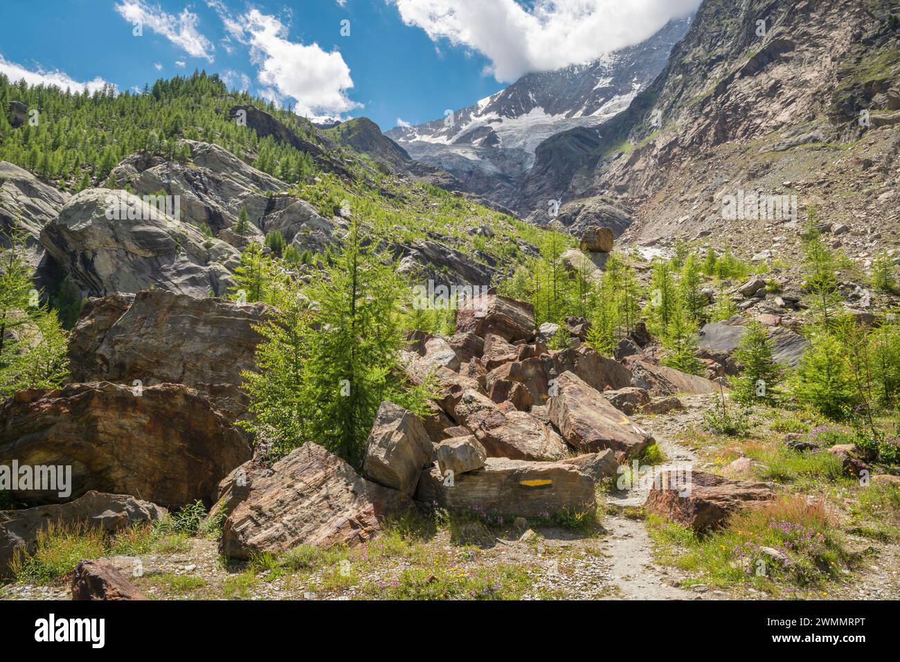 The glacial watercourse and stream under Dom peak - Sas Fee. Stock Photo