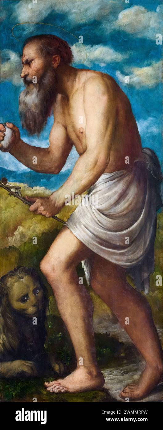 Girolamo Romani called Romanino, Saint Jerome, painting in oil on wood, circa 1524 Stock Photo