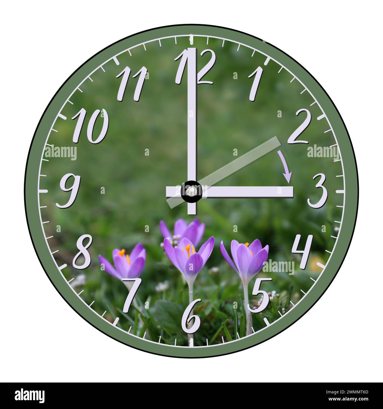 The clock shows the hand moving forward from 2 a.m. in winter to 3 a.m. in spring. Daylight saving time. The transition of time, the change of time. Stock Photo