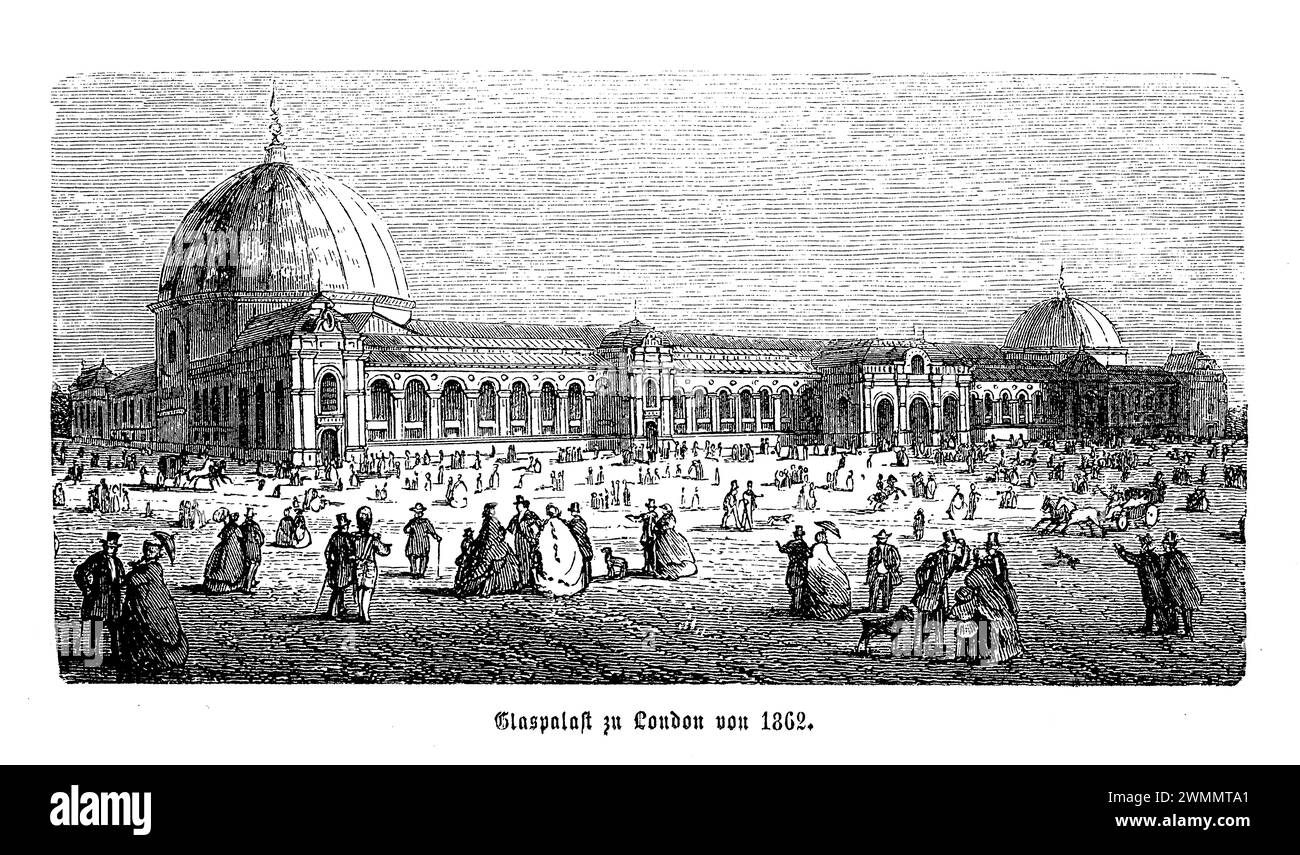 The Crystal Palace of 1851, a marvel of engineering and design, was constructed in London for the Great Exhibition of the Works of Industry of All Nations. Conceived by Prince Albert and designed by Sir Joseph Paxton, the Crystal Palace was a colossal iron and glass structure, embodying the technological advancements of the Industrial Revolution. It housed thousands of exhibits showcasing innovations and art from around the world, symbolizing the era's spirit of progress and collaboration. Though originally located in Hyde Park, it was later moved to Sydenham Hill Stock Photo