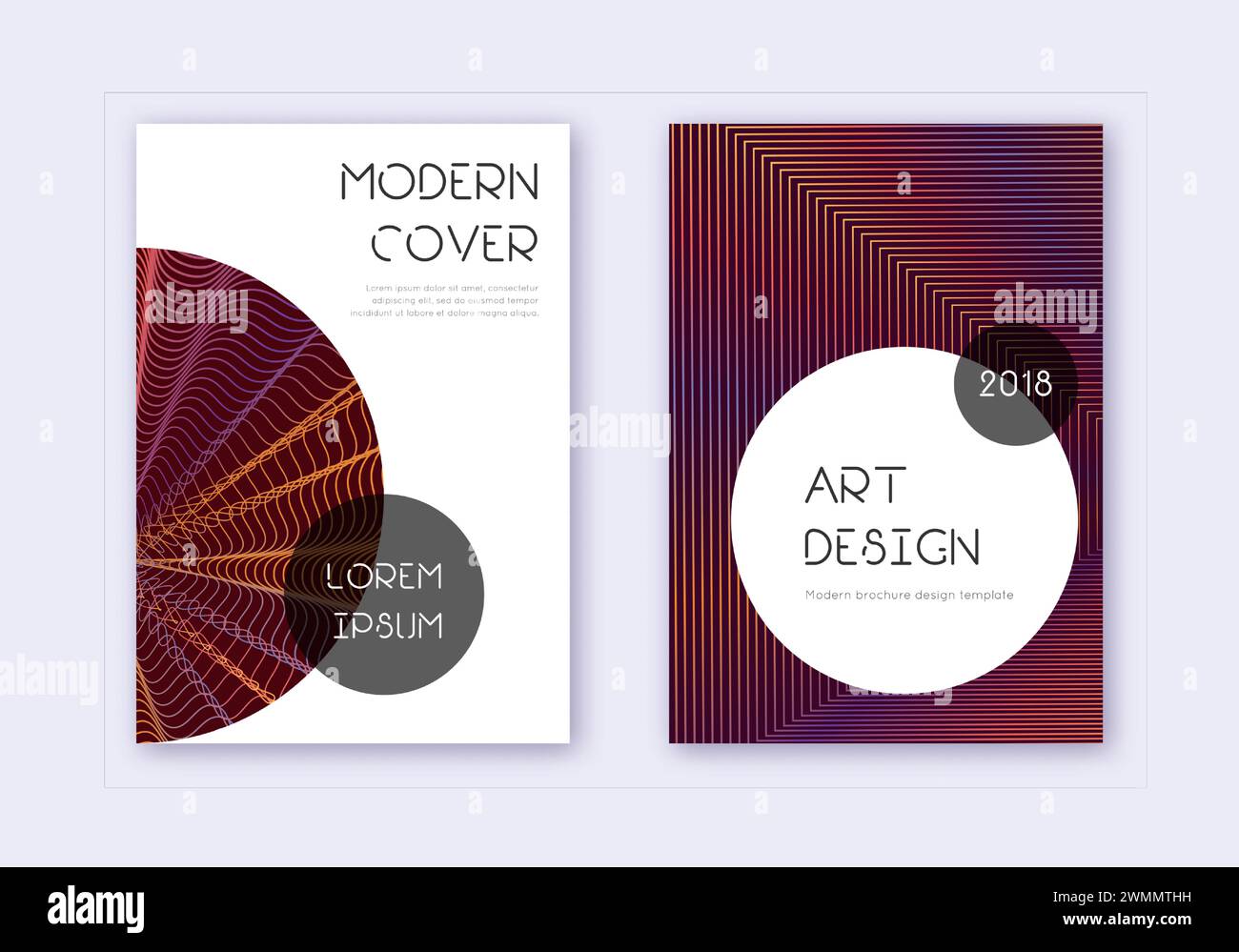 Trendy cover design template set. Orange abstract lines on wine red