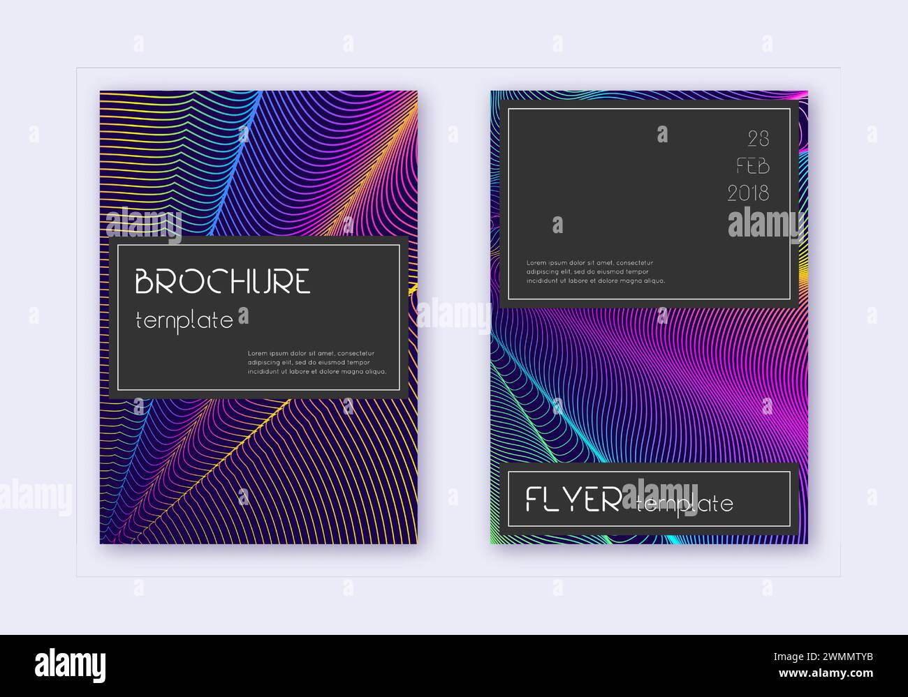 Black cover design template set. Rainbow abstract lines on dark blue ...