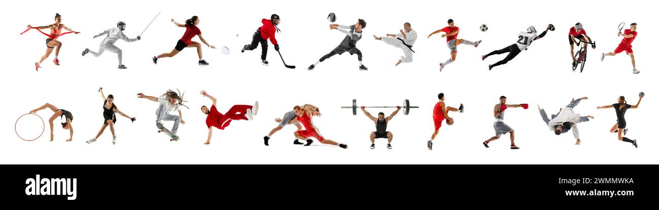 Banner. Multisport collage of competitive, strong, athlete people in motion against white studio background. Movement. Stock Photo