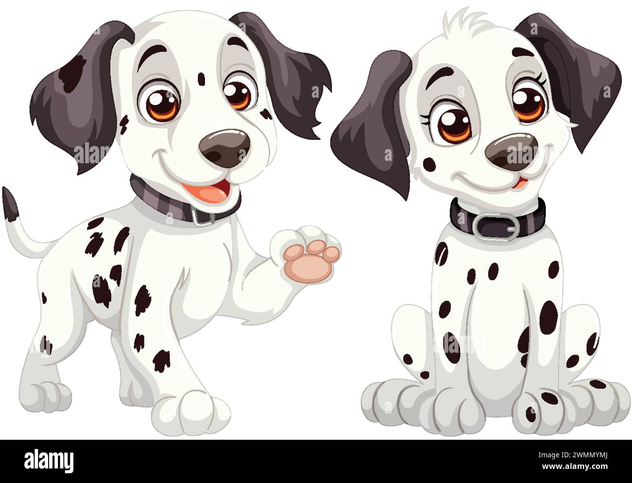 Two cartoon Dalmatian puppies with happy expressions Stock Vector