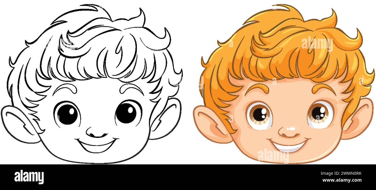 Black and white sketch and colored illustration of a boy Stock Vector ...