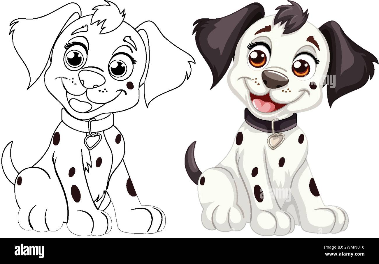 Two cartoon Dalmatian puppies smiling happily. Stock Vector