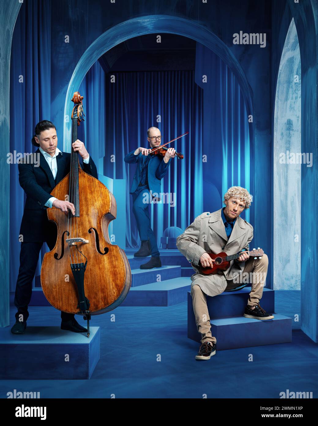 Three Musicians Three male musicians with violin, double bass, ukulele performing in ...