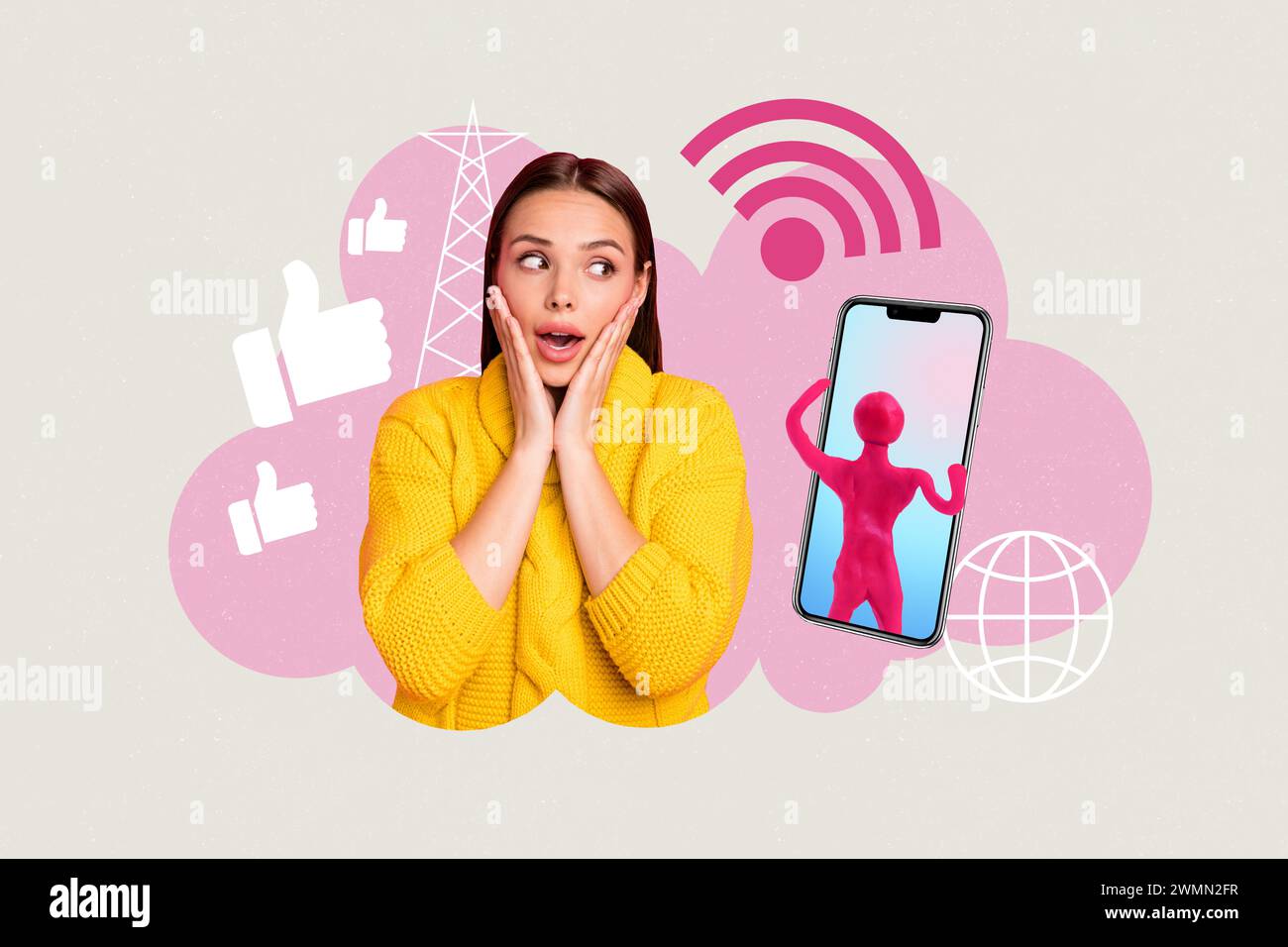 Composite 3d photo graphics collage of surprised young girl reactions likes new post audience subscribers screen plasticine figure isolated on painted Stock Photo