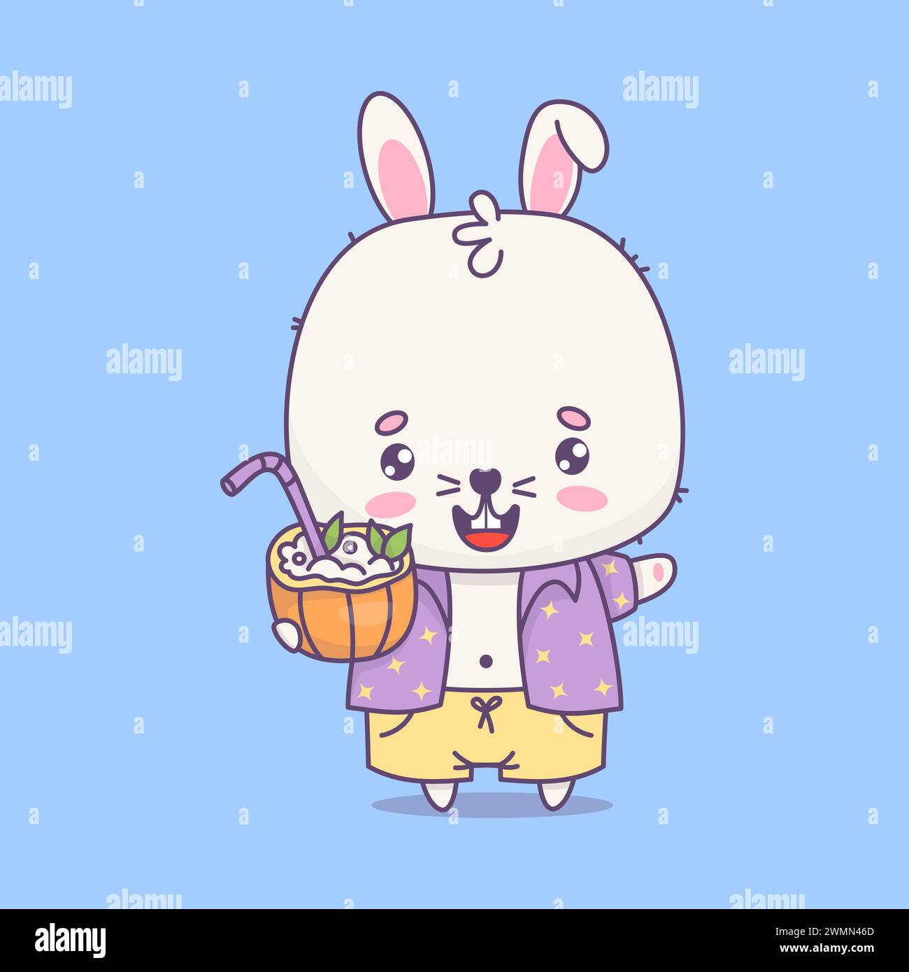 Happy beach rabbit boy with cocktail. Funny kawaii animal character bunny. Vector illustration. Stock Vector