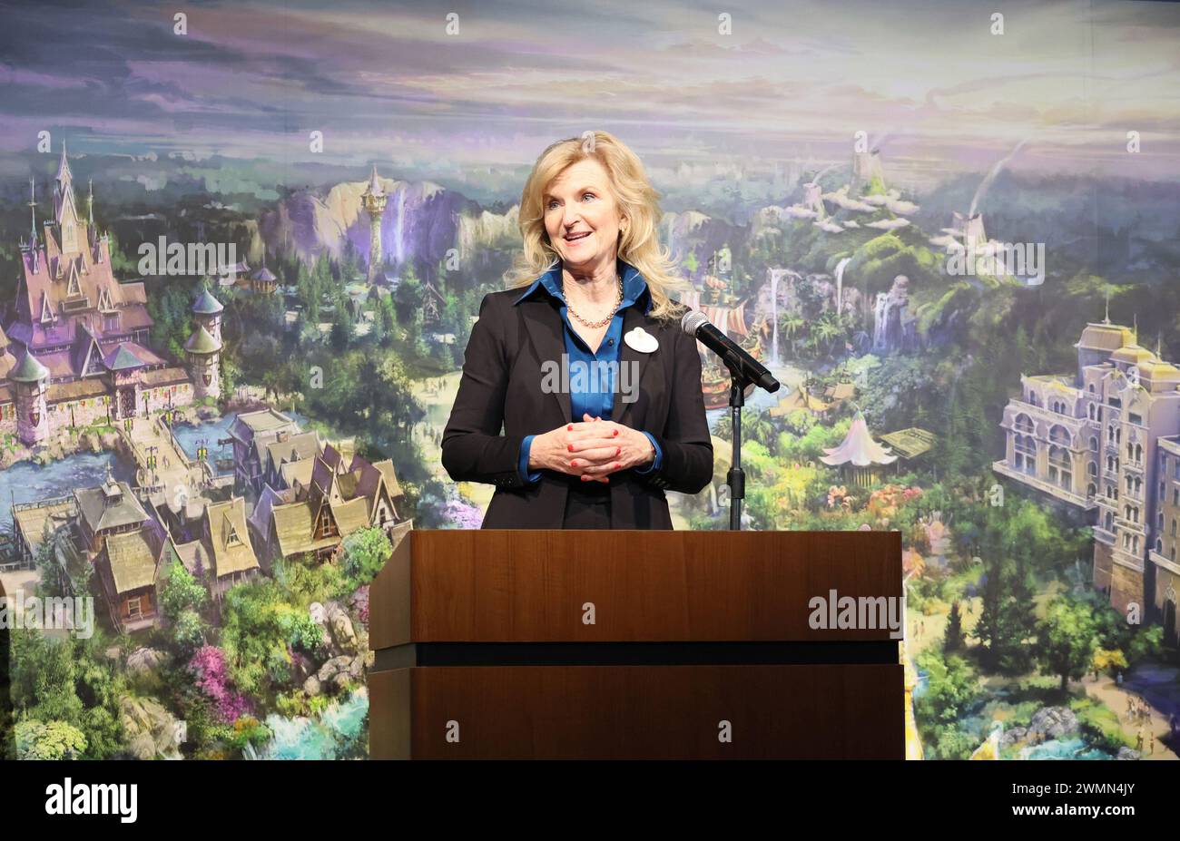 Urayasu, Japan. 27th Feb, 2024. Walt Disney Company's Disney Parks International president Jill Estorino announces overview of the DisneySea's new area 'Fantasy Springs' in Urayasu, suburban Tokyo on Tuesday, February 27, 2024, 100 days before of the opening of the new facilities. The Fantasy Springs has three attractions of Frozen Kingdom, Rapunzel's Forest, Peter Pan's Never Land and a luxury hotel Fantasy Springs Hotel. Credit: Aflo Co. Ltd./Alamy Live News Stock Photo