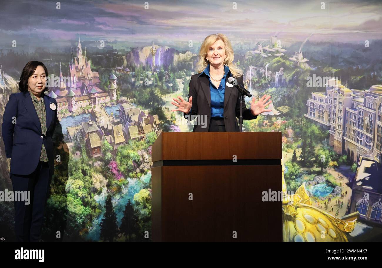Urayasu, Japan. 27th Feb, 2024. Walt Disney Company's Disney Parks International president Jill Estorino announces overview of the DisneySea's new area 'Fantasy Springs' while Tokyo Disney Resort operator Oriental Land chairwoman and CEO Yumiko Takano (L) looks on in Urayasu, suburban Tokyo on Tuesday, February 27, 2024, 100 days before of the opening of the new facilities. The Fantasy Springs has three attractions of Frozen Kingdom, Rapunzel's Forest, Peter Pan's Never Land and a luxury hotel Fantasy Springs Hotel. Credit: Aflo Co. Ltd./Alamy Live News Stock Photo