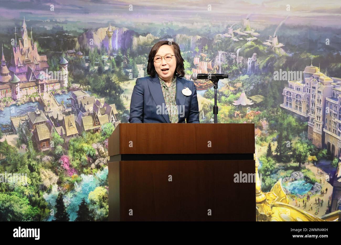 Urayasu, Japan. 27th Feb, 2024. Tokyo Disney Resort operator Oriental Land chairwoman and CEO Yumiko Takano announces overview of the DisneySea's new area 'Fantasy Springs' in Urayasu, suburban Tokyo on Tuesday, February 27, 2024, 100 days before of the opening of the new facilities. The Fantasy Springs has three attractions of Frozen Kingdom, Rapunzel's Forest, Peter Pan's Never Land and a luxury hotel Fantasy Springs Hotel. Credit: Aflo Co. Ltd./Alamy Live News Stock Photo