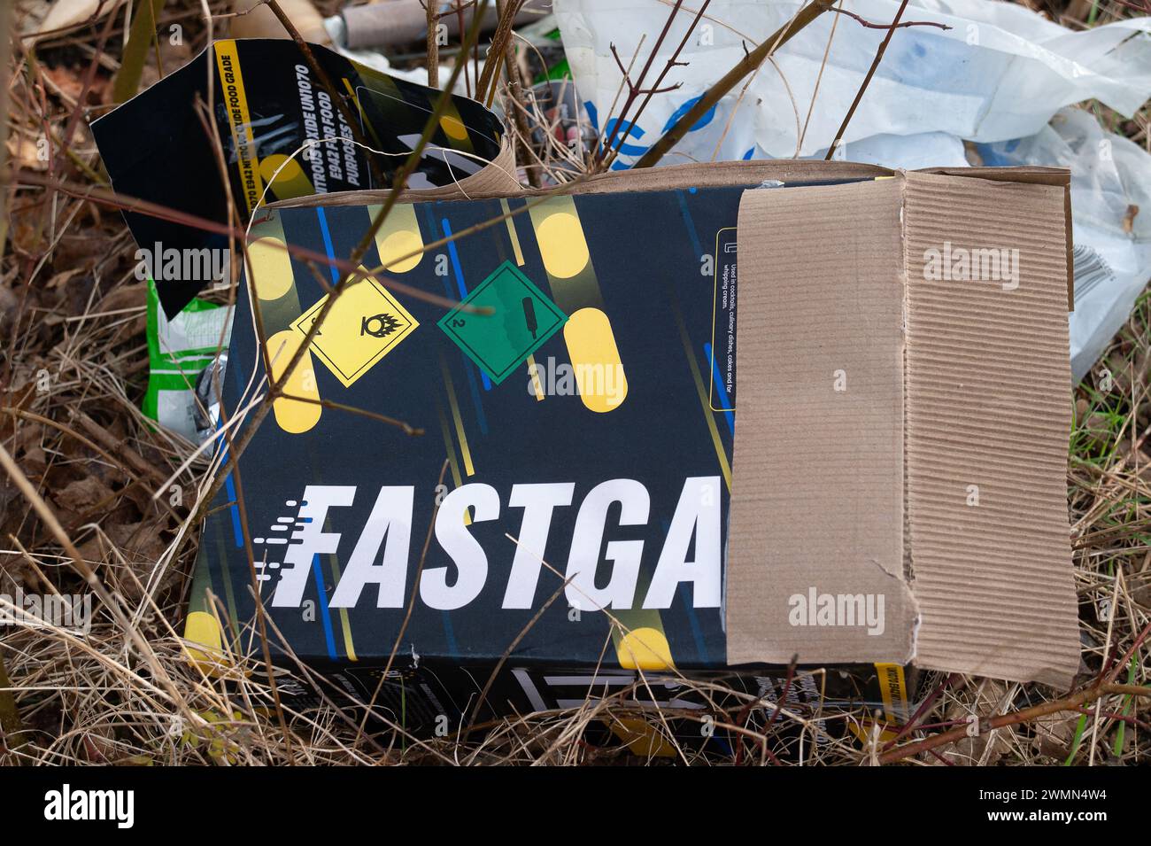 colnbrook-uk-27th-february-2024-used-cans-of-fastgas-and-miami