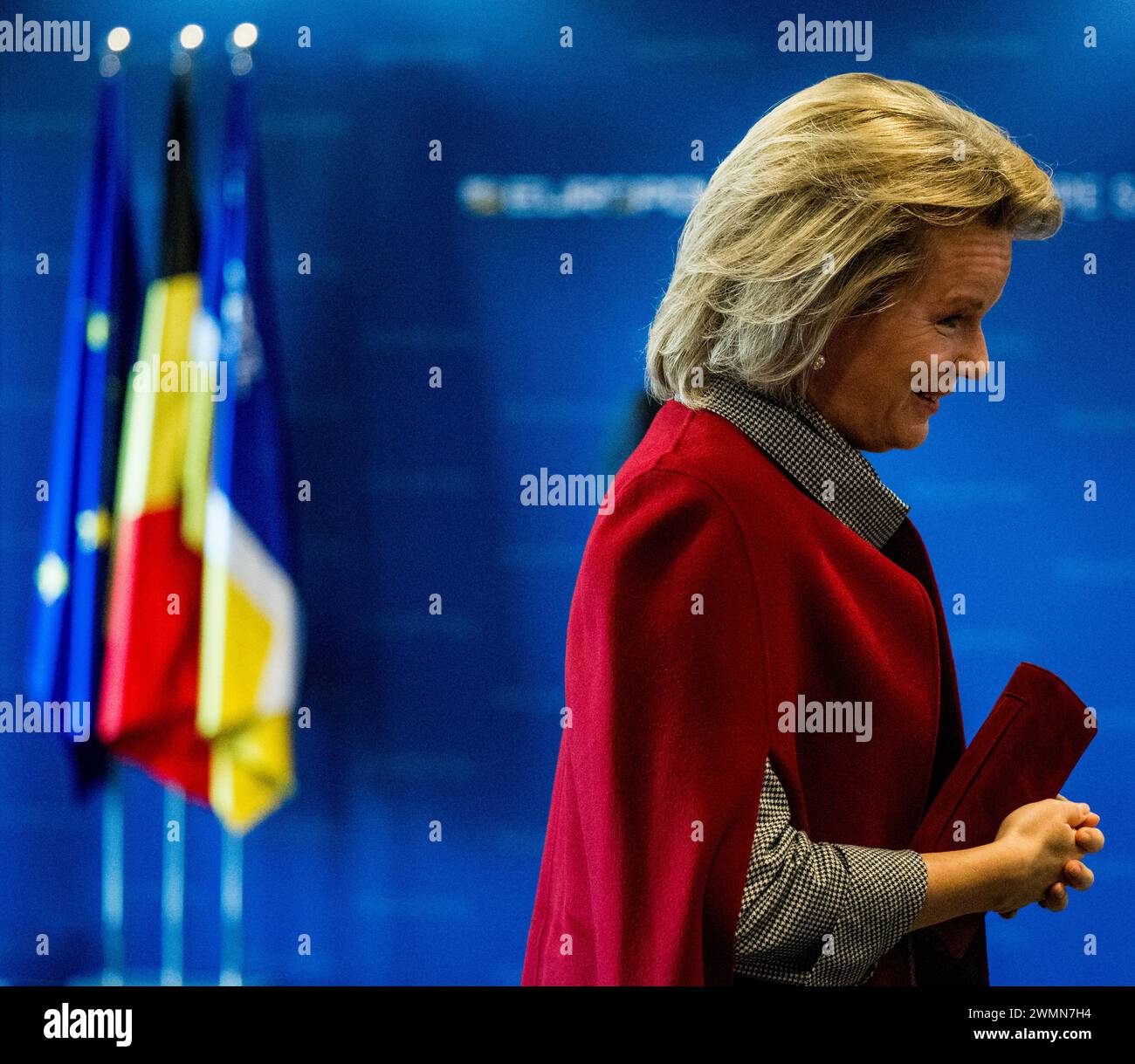 The Hague, Netherlands. 27th Feb, 2024. Queen Mathilde of Belgium pictured during a royal visit to the Europol headquarters in The Hague, the Netherlands, Tuesday 27 February 2024. Europol is the European police agency tasked with helping the Member States of the European Union to prevent and combat all forms of serious organised and international crime, cybercrime and terrorism. Credit: Belga News Agency/Alamy Live News Stock Photo