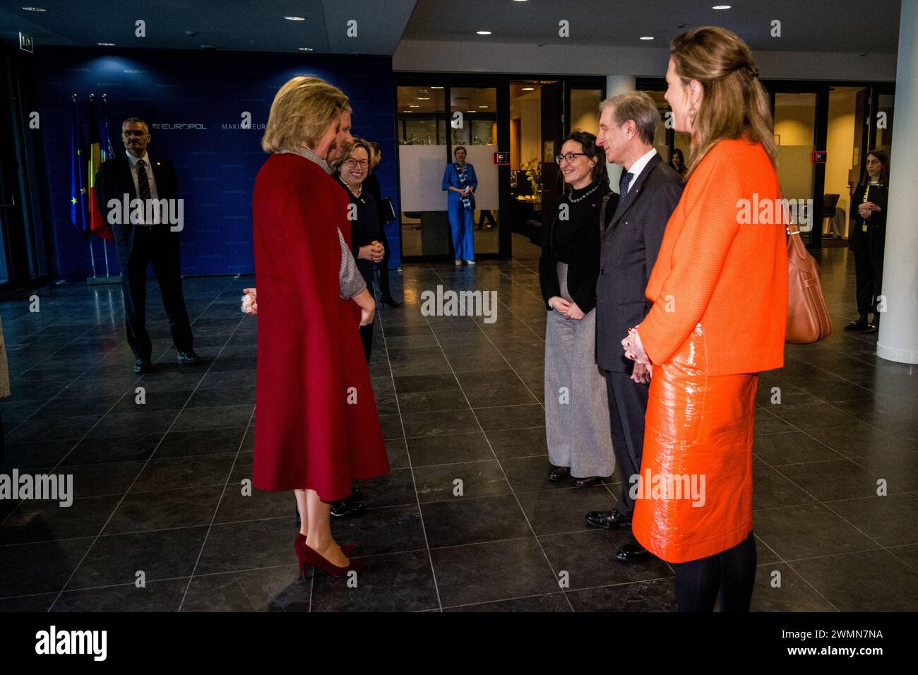 The Hague, Netherlands. 27th Feb, 2024. King Philippe - Filip of Belgium, Queen Mathilde of Belgium and Interior Minister Annelies Verlinden pictured during a royal visit to the Europol headquarters in The Hague, the Netherlands, Tuesday 27 February 2024. Europol is the European police agency tasked with helping the Member States of the European Union to prevent and combat all forms of serious organised and international crime, cybercrime and terrorism. Credit: Belga News Agency/Alamy Live News Stock Photo