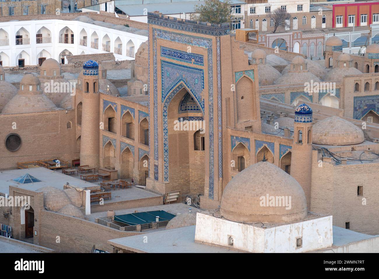 Allakuli Khan Madrasah at Itchan Kala, the old town of Khiva. A UNESCO heritage site in Uzbekistan top view, Stock Photo