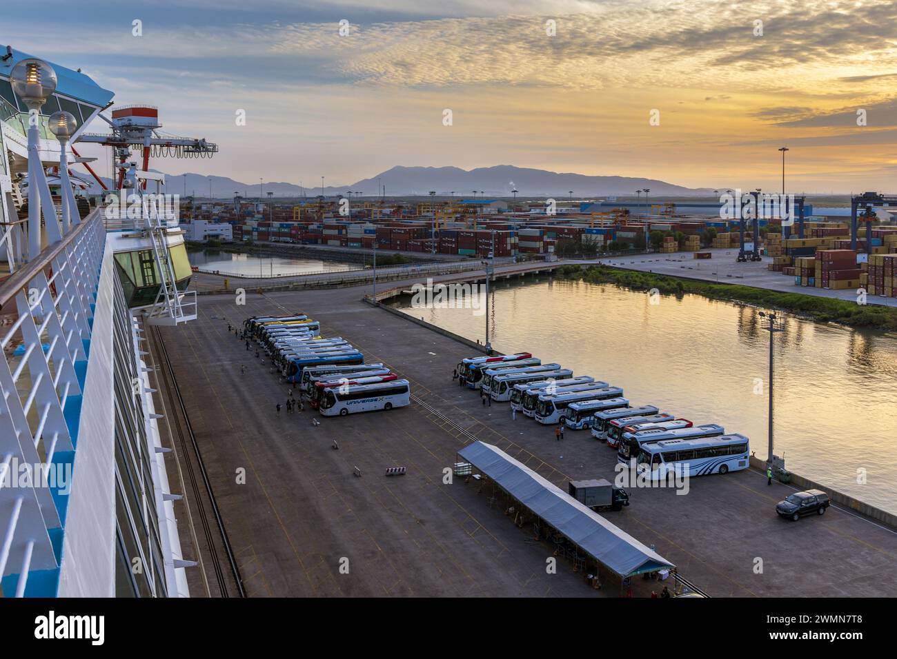 View From Cruise Ship With Tour Buses Lined Up For Cruise Ship view-from-cruise-ship-with-tour-buses-lined-up-for-cruise-ship