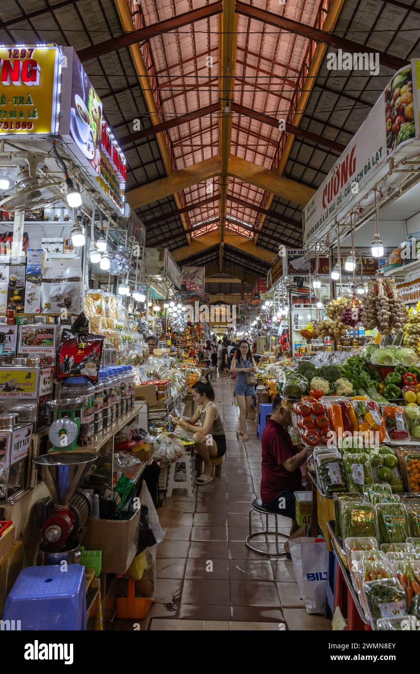 Interior of Ben Thanh Market in Ho Chi Minh City, Saigon. The market is one of the top attractions of Ho Chi Minh City. Stock Photo