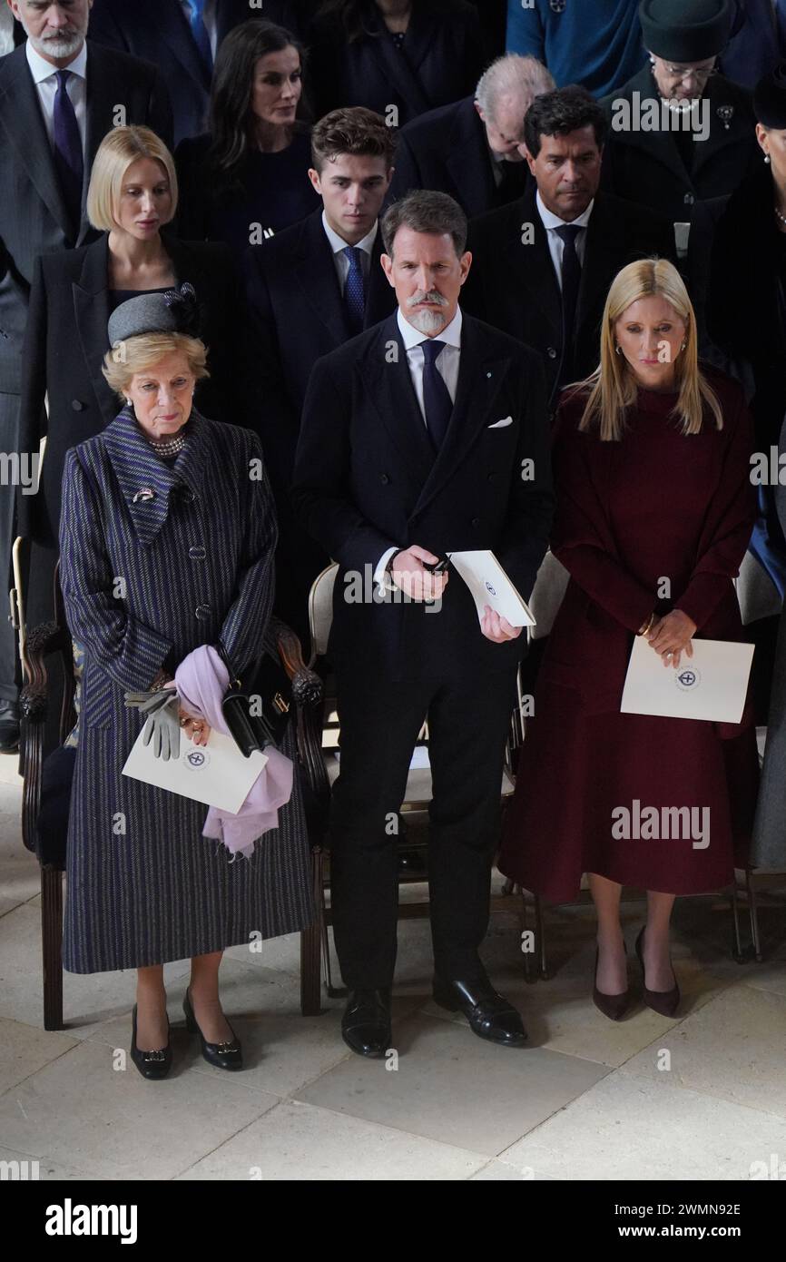 (left to right) Queen Anne-Marie of the Hellenes, Crown Prince Pavlos of Greece and Crown Princess Marie-Chantal of Greece attend a thanksgiving service for the life of King Constantine of the Hellenes at St George's Chapel, in Windsor Castle, Berkshire. Picture date: Tuesday February 27, 2024. Stock Photo