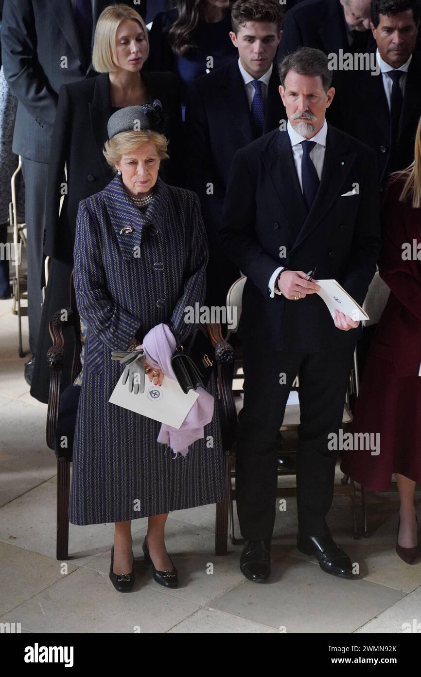 (left to right) Queen Anne-Marie of the Hellenes and Crown Prince Pavlos of Greece attend a thanksgiving service for the life of King Constantine of the Hellenes at St George's Chapel, in Windsor Castle, Berkshire. Picture date: Tuesday February 27, 2024. Stock Photo