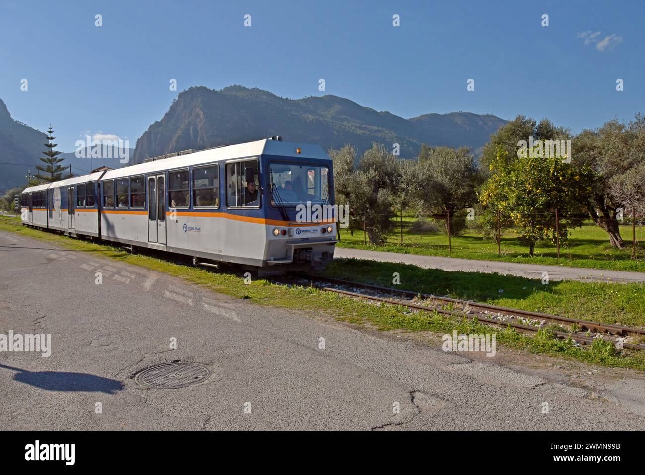 A diesel railcar of the Diakopto rack railway  in  Diakopto, Peloponnese, Greece, May 2023 Stock Photo