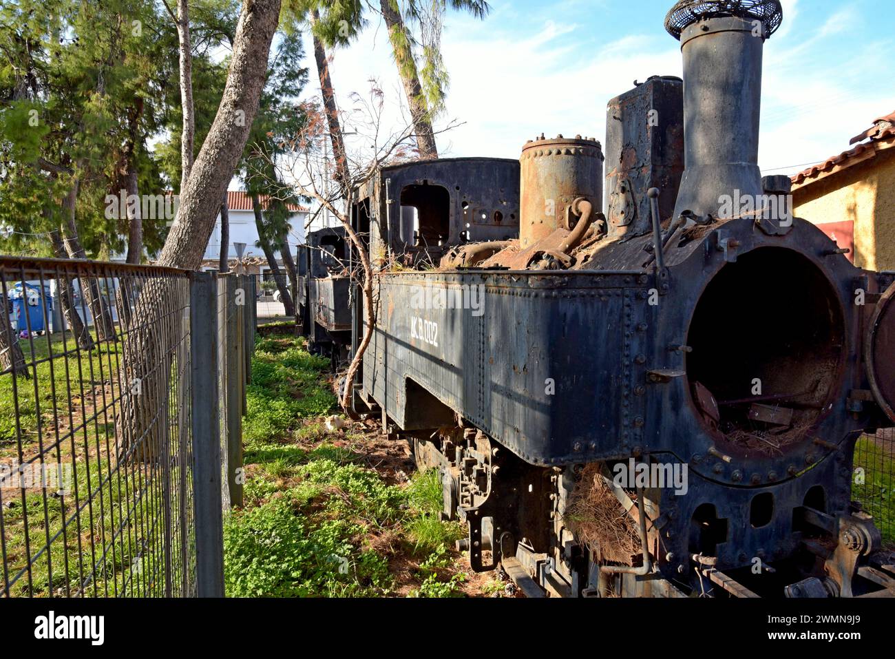 Abandoned and disused steam locomotive of the Diakopto Narrow gauge rack railway in the Peloponnese, Greece, May 2023 Stock Photo