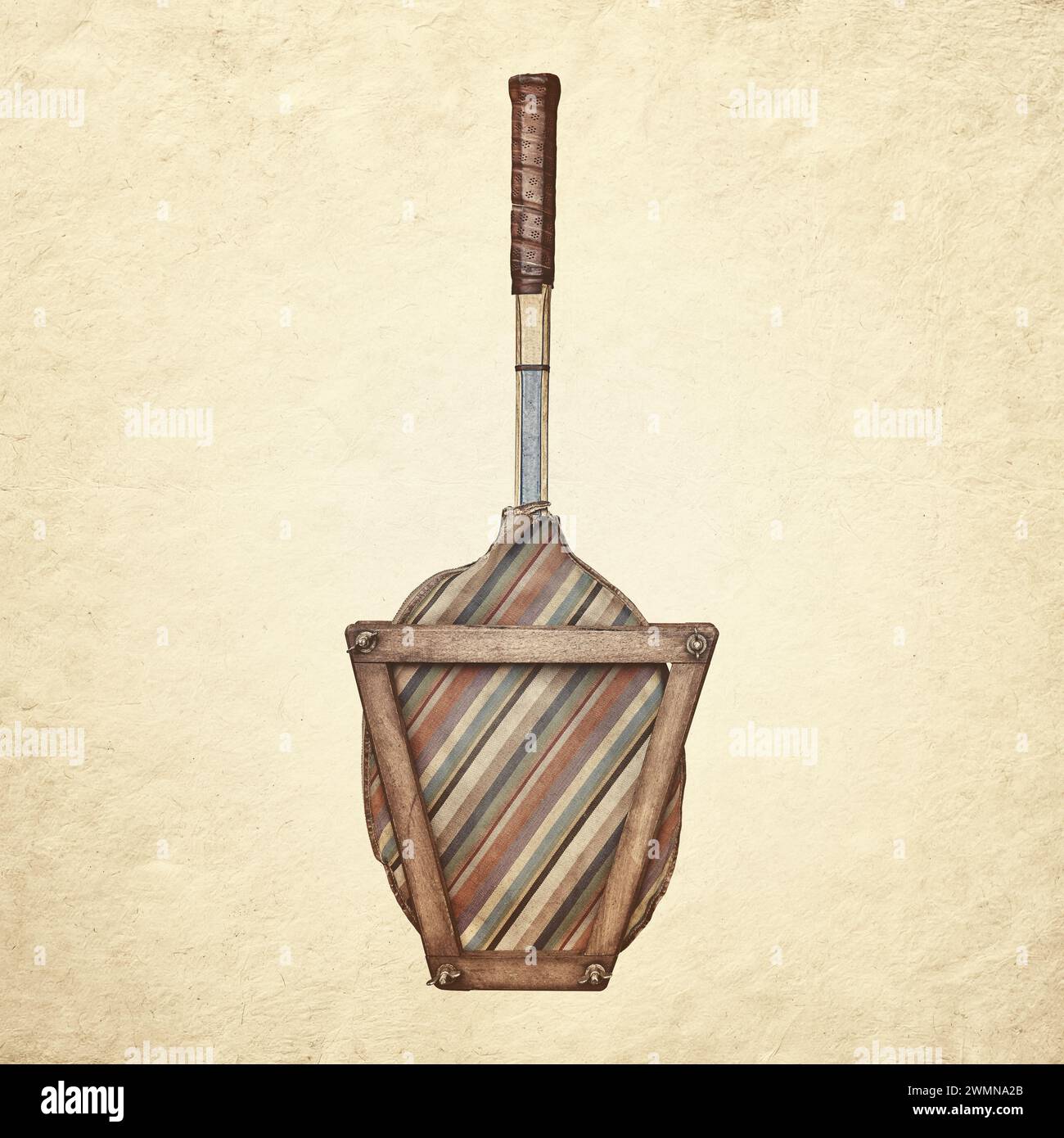 Retro styled image of a vintage wooden tennis racket with colorful striped sleeve and rack Stock Photo