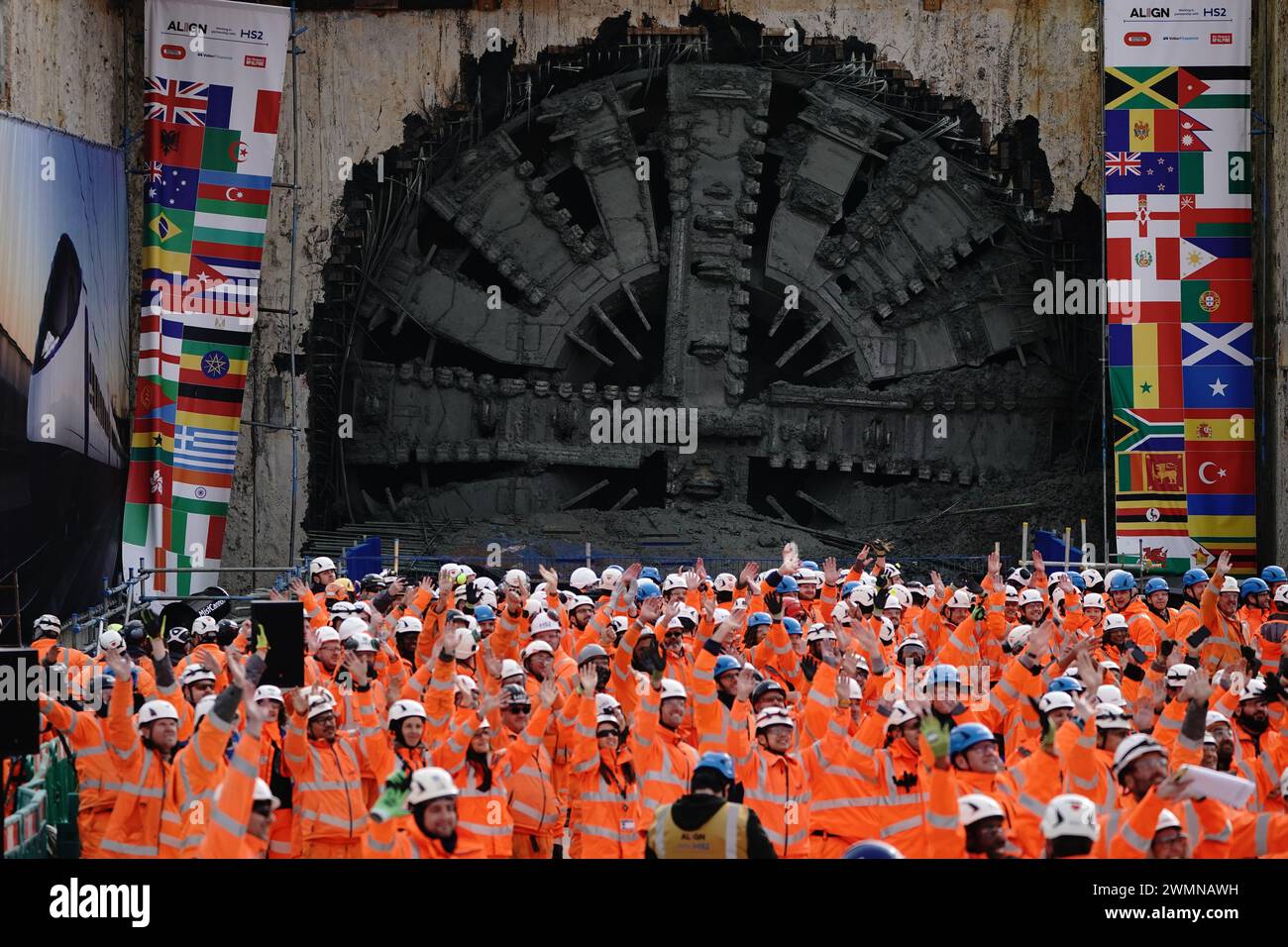 Workers wave as digging machine Florence completes HS2's longest tunnel, a 10-mile journey under the Chiltern Hills, in North Portal, near South Heath, Buckinghamshire. Picture date: Tuesday February 27, 2024. Stock Photo