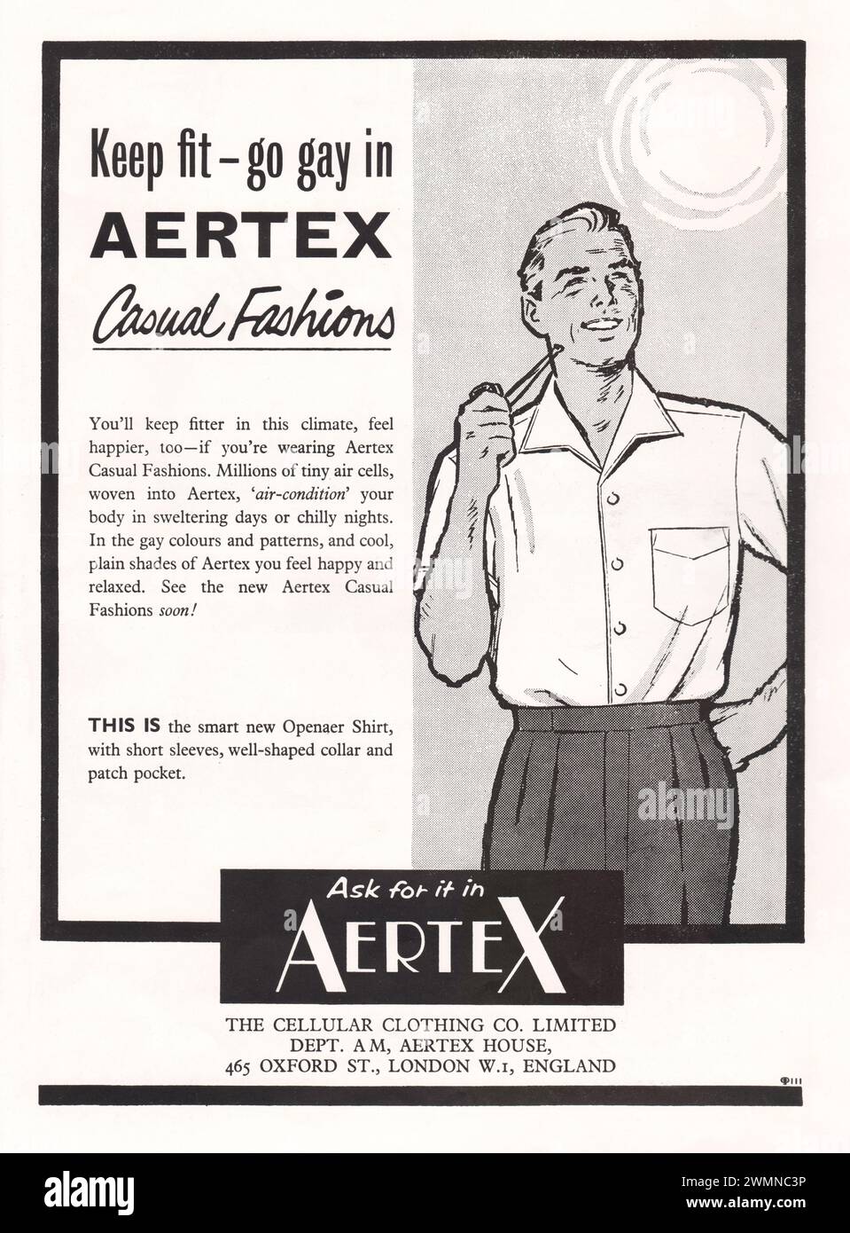 Original vintage advert from 1960 for Aertex Cellular casual fashions with slogan 'Keep fit - go gay' in the Straits Times Annual 1060 in Singapore. Stock Photo