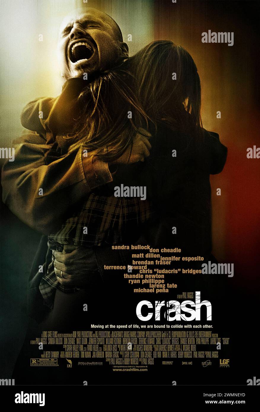 Crash (2004) directed by Paul Haggis and starring Don Cheadle, Sandra Bullock, Thandiwe Newton and Matt Dillon. Los Angeles citizens with vastly separate lives collide in interweaving stories of race, loss and redemption. US one sheet poster ***EDITORIAL USE ONLY***. Credit: BFA / Lions Gate Films Stock Photo