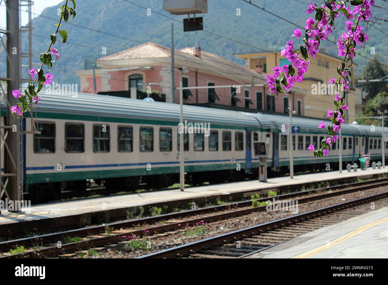 Train at the railway station in Monterosso, Cinque Terre Stock Photo