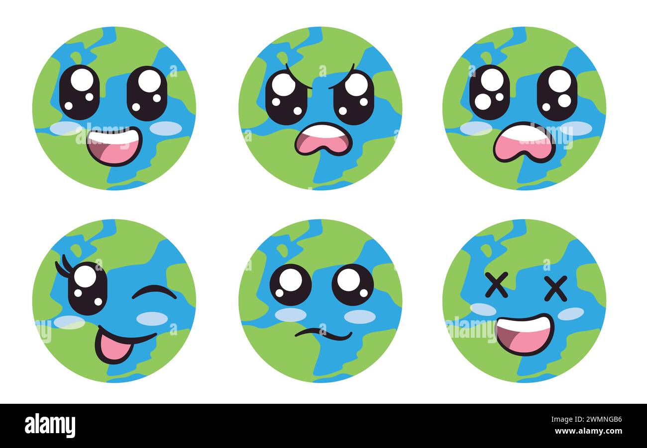 Planet earth globe facial expression emoticon with eyes and mouth collection of vector cartoon Stock Vector