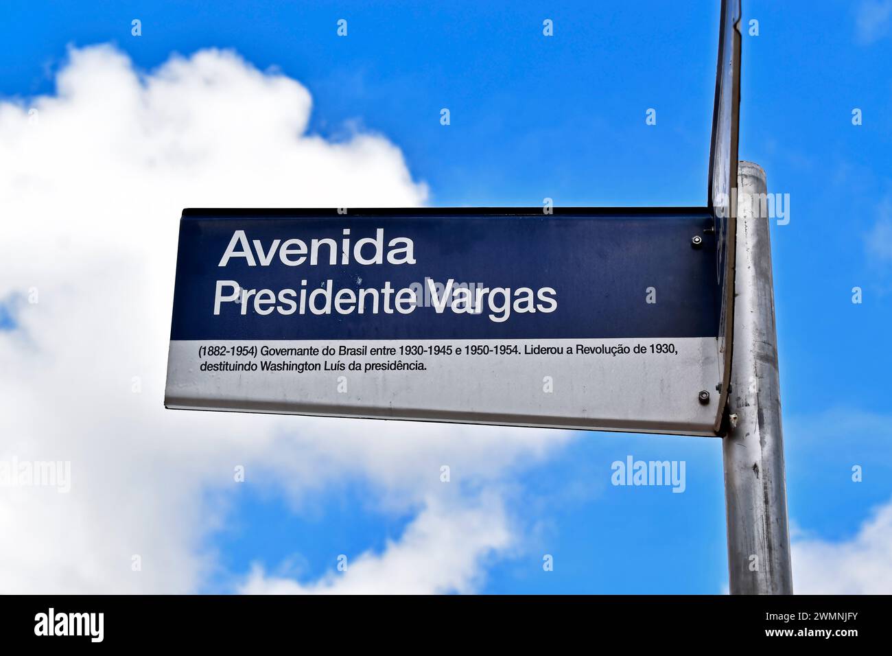 Street sign and blue sky with clouds, Ribeirao Preto, Sao Paulo, Brazil Stock Photo