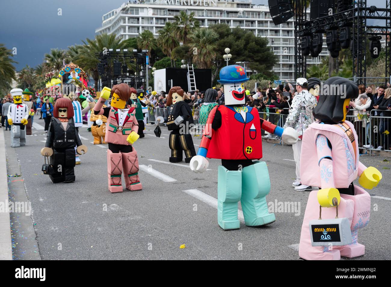 Lego characters at Nice Carnival Flower Battle -24 February 2024  2023 was the 150th anniversary of Nice Festival Stock Photo