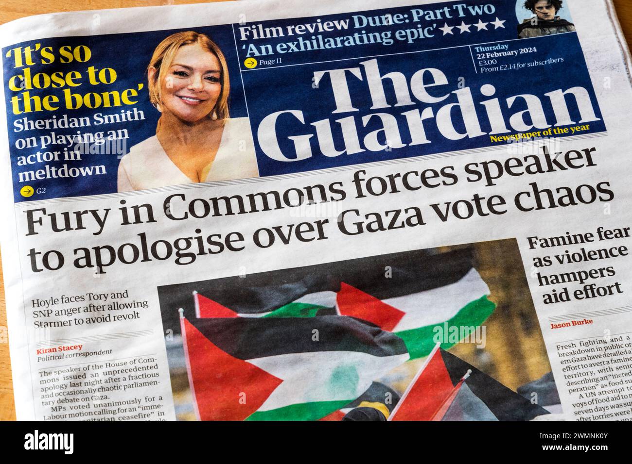 22 February 2024. Headline in Guardian reads Fury in Commons forces speaker to apologise over Gaza vote chaos. Stock Photo