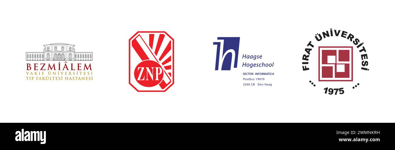 Bezmialem Vak?f Üniversitesi, FIRAT ÜN?VERS?TES?, ZNP, Haagse Hogeschool. Popular brand logo collection. Stock Vector