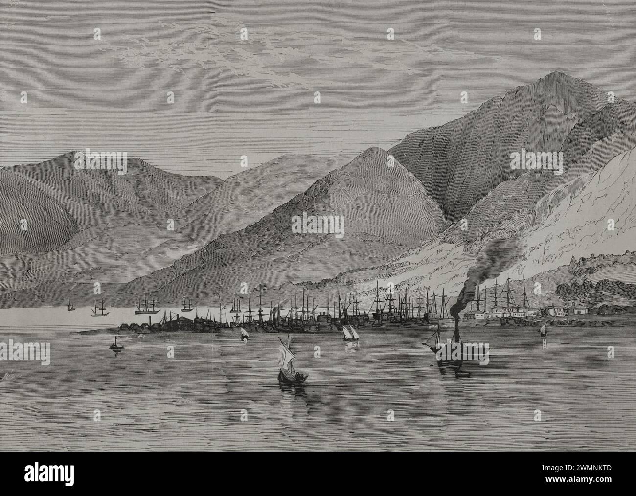 Armenia. Batumi. A Black Sea port that was part of the Ottoman Empire until 1878, when Turkey ceded its sovereignty to Russian Empire under the Treaty of Berlin (13 June-13 July 1878). Panoramic view of the city and harbour. Engraving. La Ilustración Española y Americana (The Spanish and American Illustration), 1878. Stock Photo
