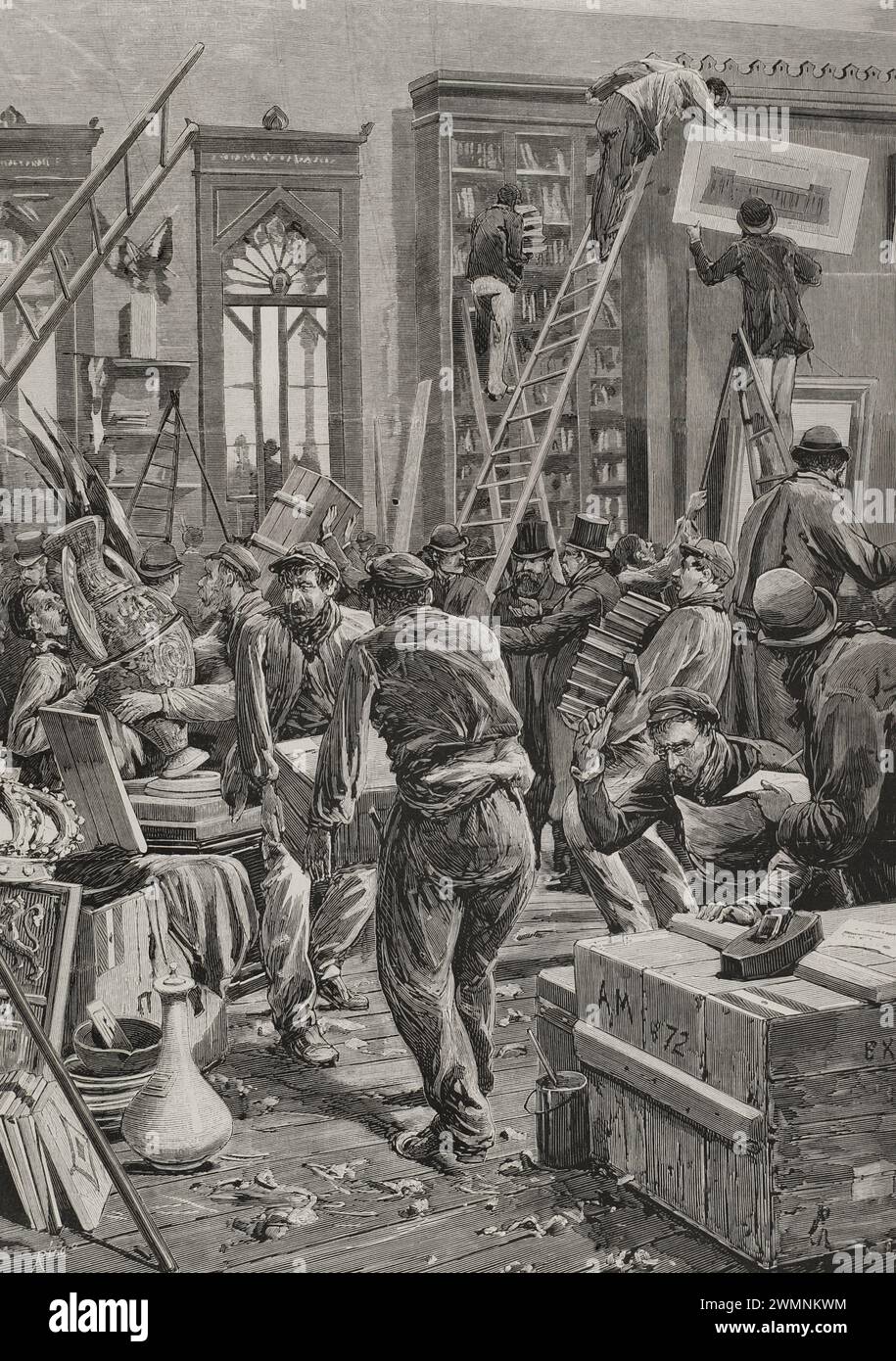 France, Paris. Universal Exhibition of 1878. It was held from May 1 to November 10, 1878. Spanish section in the exhibition: workers packing the installations and objects. Engraving by Rico. La Ilustración Española y Americana (The Spanish and American Illustration), 1878. Stock Photo