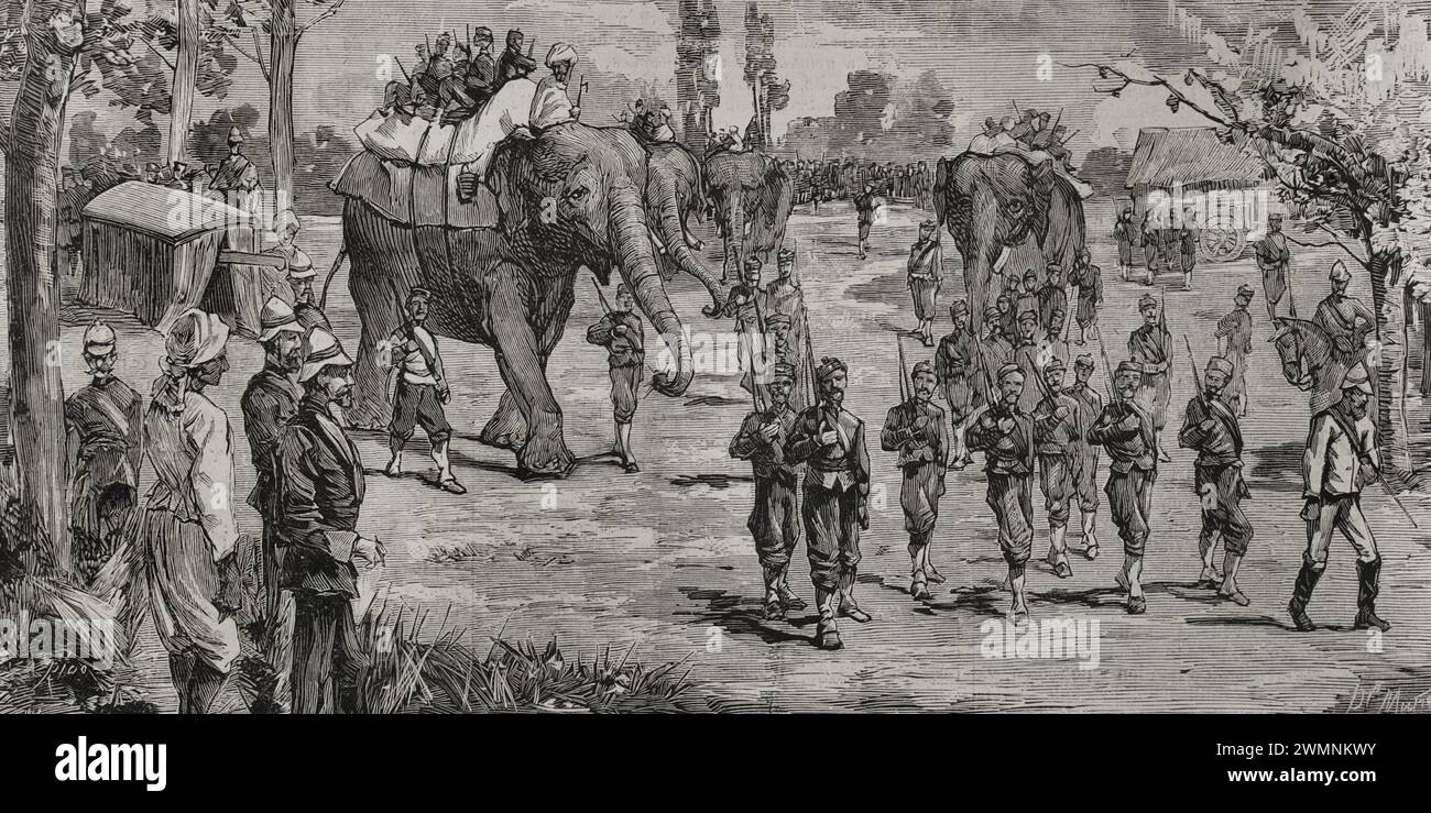 Second Afghan War (1878-1880). War between British India and the Emirate of Afghanistan. Expedition of Gurkha troops from Almorah to Lahore. Engraving by Rico. La Ilustración Española y Americana (The Spanish and American Illustration), 1878. Stock Photo