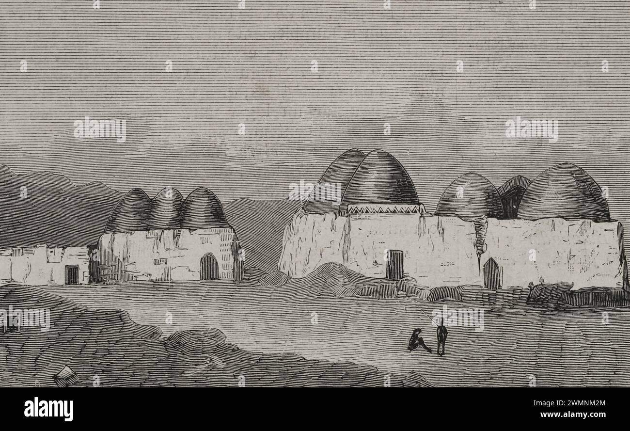 History of Afghanistan, 19th century. Traditional houses in Gundan. Engraving. La Ilustración Española y Americana (The Spanish and American Illustration), 1878. Stock Photo